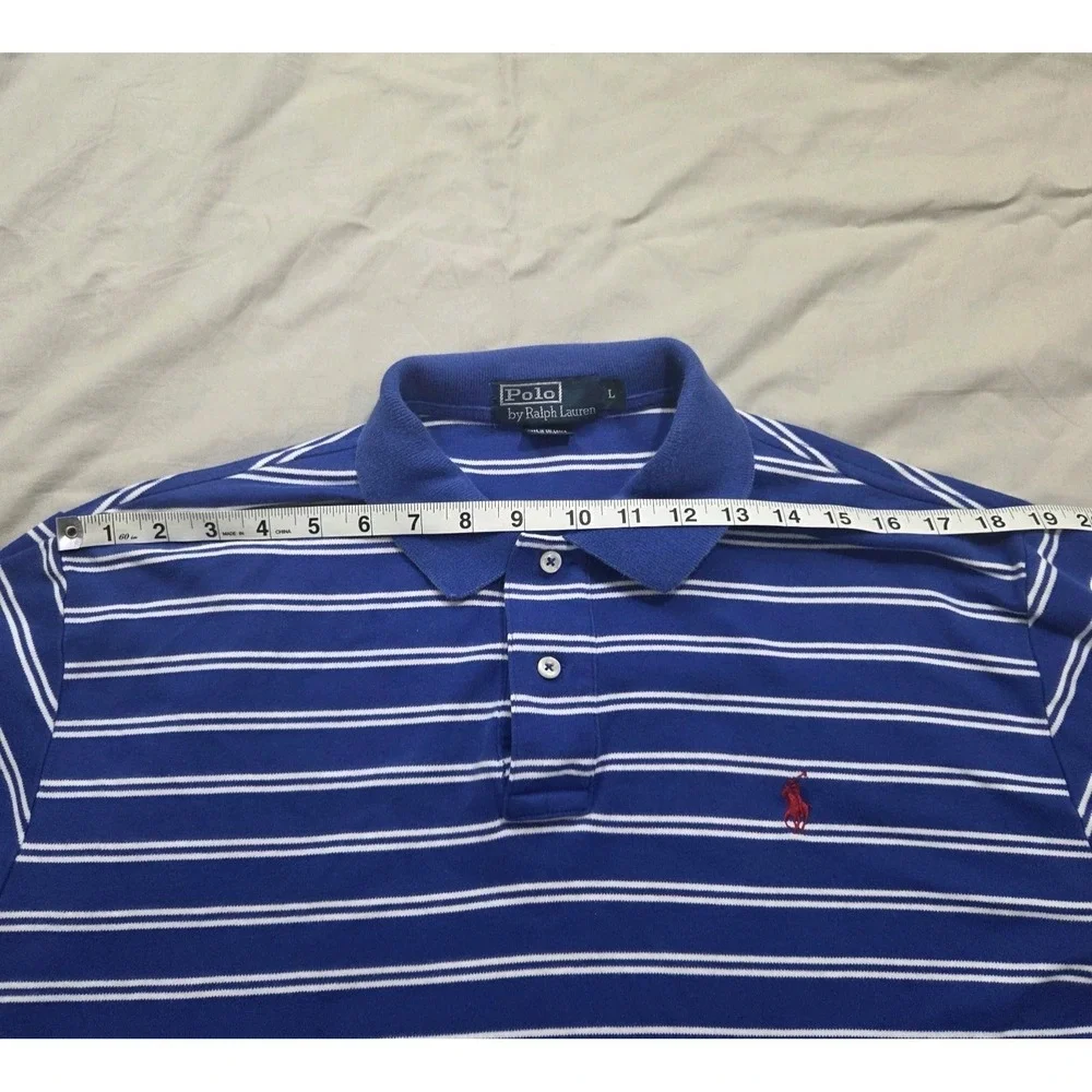 Polo Ralph Lauren Striped Polo Shirt Mens L Blue White‎ Pony Logo Short Sleeve